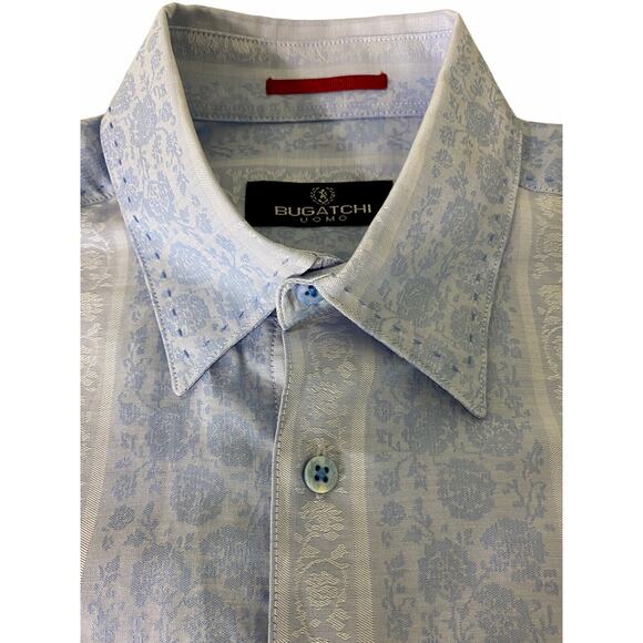 Bugatchi Uomo Button Shirt Size M Long Sleeve Cotton Light Blue Textured Floral - Picture 2 of 7